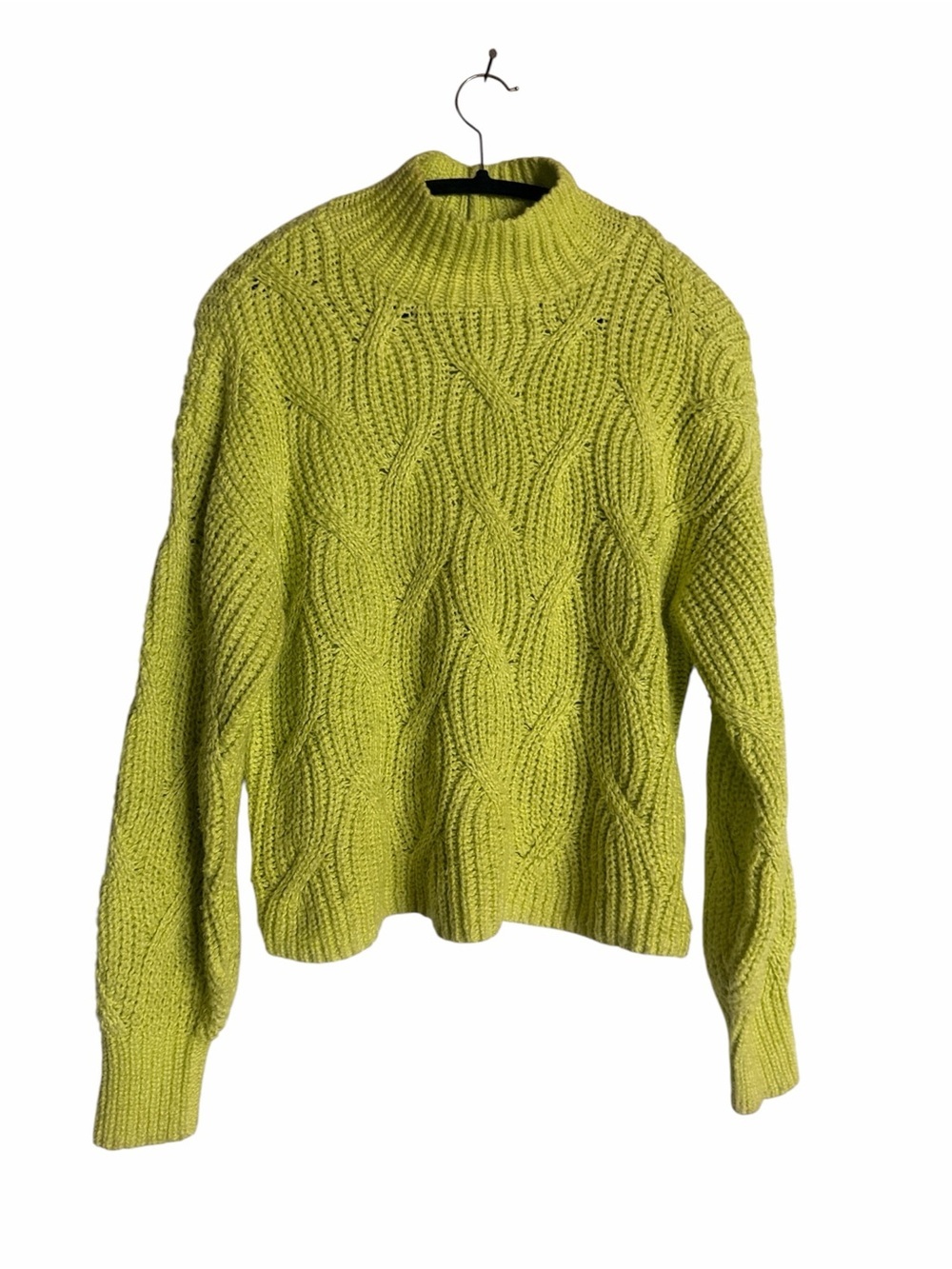 American Eagle Outfitters Neon Yellow Cable Knit Mock Neck Sweater, S, fits M-L